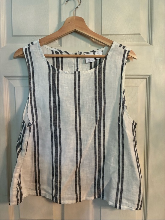C&C California Tops - C&C California White Linen Sleeveless Top with Black Vertical Stripes-NWT